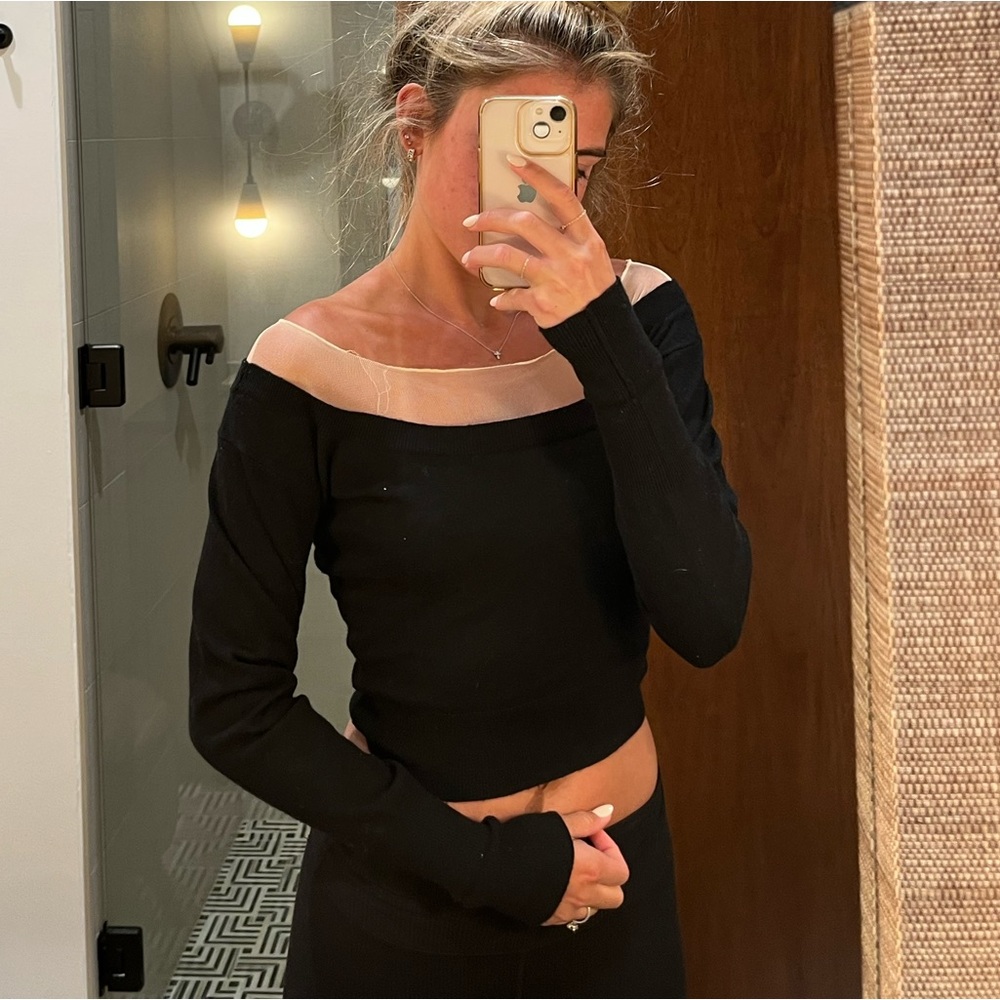 ASTR the Label Off the shoulder Sweater with mesh tan around the top!